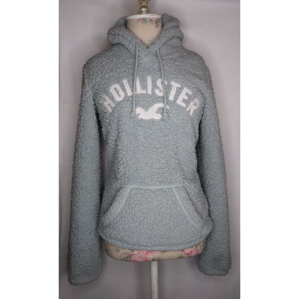 Hollister Blue Sherpa Fleece Hoodie Logo Pullover Womens XS Cozy Teddy Sweater